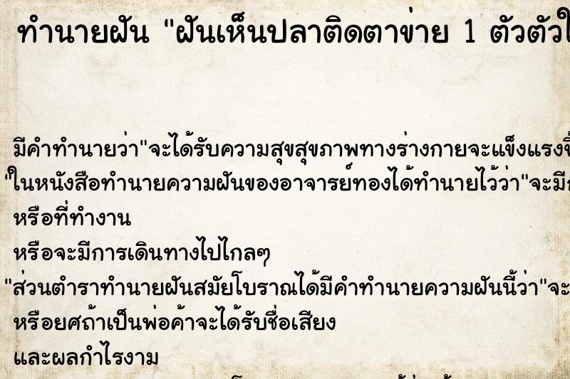 ทำนายฝันฝันเห็นปลาติดตาข่าย1ตัวตัวใหญ่ ทำนายฝันทำนายฝันฝันเห็นปลาติดตาข่าย1ตัวตัวใหญ่